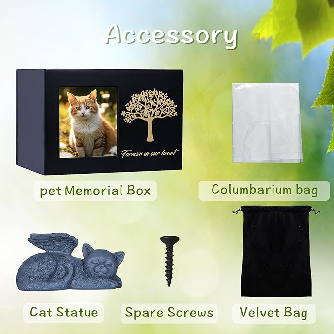 Cat Urns for Ashes, Tree Pattern Wooden Keepsake with Photo Frame, Pet Urn Memory Box with Resin Animal Statue and Sealed Storage Bags (75lbs) (Black)