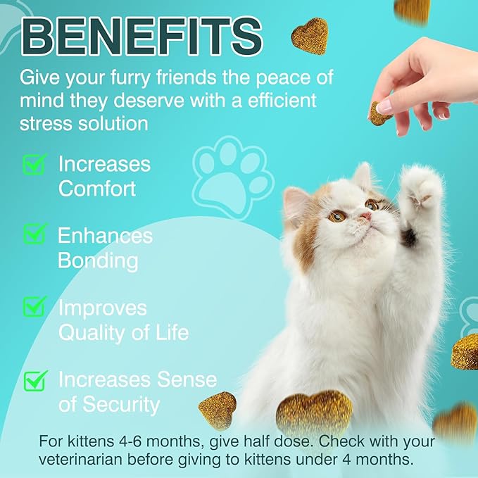 Cat Calming Treats, Calm Chews for Cats Pet Treats for Travel Boarding Foster Care Veterinary Visits Relieve Anxiety Prevent Bites by Cats Soothing for Indoor Kitten 7.41 OZ