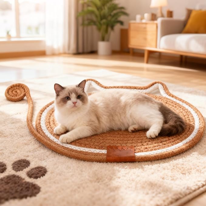 2 PC Cat Scratcher Mat - Natural Cotton Rope Oval Horizontal Scratch Pad (11''x13.7'') with Dangling Ball Toy, Cat Ear Design, Furniture Protector for Floor/Wall, Durable Handmade (Brown, 2 PC)