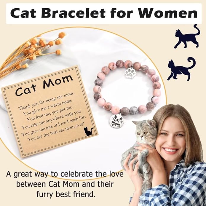 Cat Mom Gifts: Beaded Bracelet Paw Print for Women, Cat Lovers - Birthday, Christmas, Valentine's, New Year