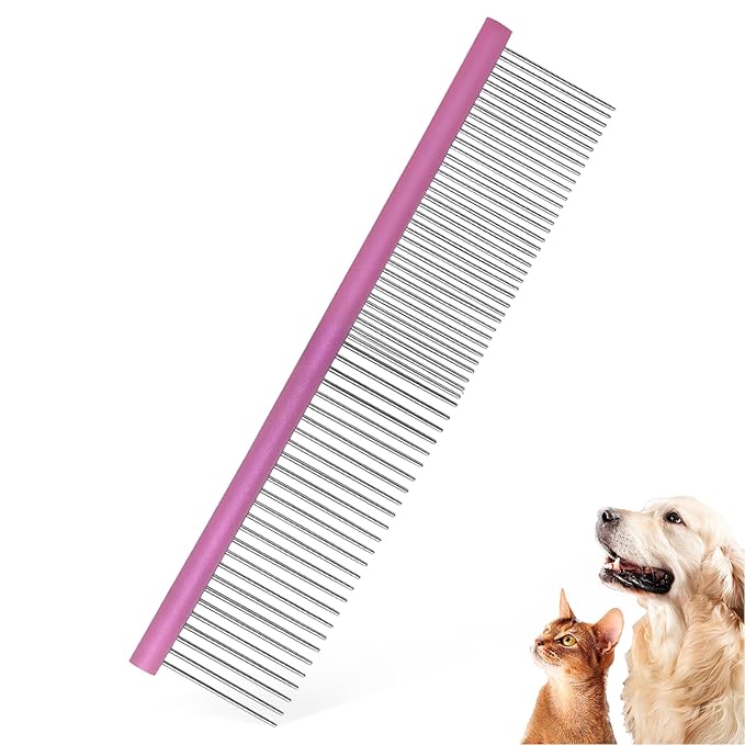 Large Purple Pet 2-in-1 Metal Comb Fine&Wide Tooth Comb Dematting Grooming Tool Pet Flea Comb for Dogs and Cats Remove Loose Hair Mats Knots Tangles Dirt Fleas