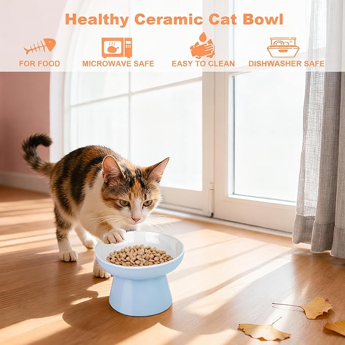 Elevated Cat Food Bowls,Ceramic Raised Cat Bowls with Non-Slip Base,Whisker Friendly Shallow Design for Dry & Wet Food,Anti Vomiting, Dishwasher Safe(Blue)