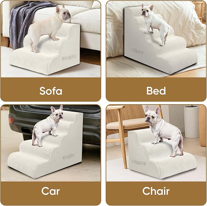 PAWSCART Dog Stairs for Small Pets, 22.8" H with 30D Material Soft Foam, Portable Ramp Non-Slip Surface Non-Slip for Couch and High Bed Climbing, 5-Step Stairs for Cat or Dog, Beige