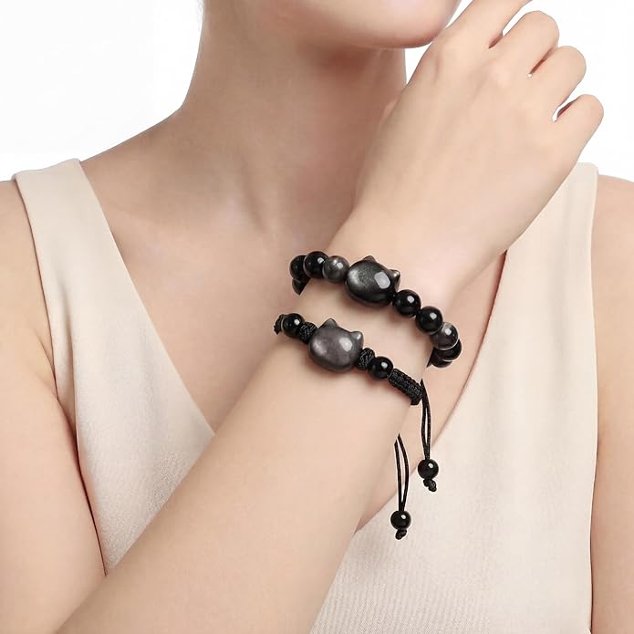 Black Obsidian Cat Bracelet and Moon Pendant Necklace Jewelry Set-Cat Lover Gifts,Wealth Attraction,Good Luck,Bead Bracelet,Mindfulness,Beaded Bracelets, Obsidian Pendant Necklace-Cute Gifts for Women