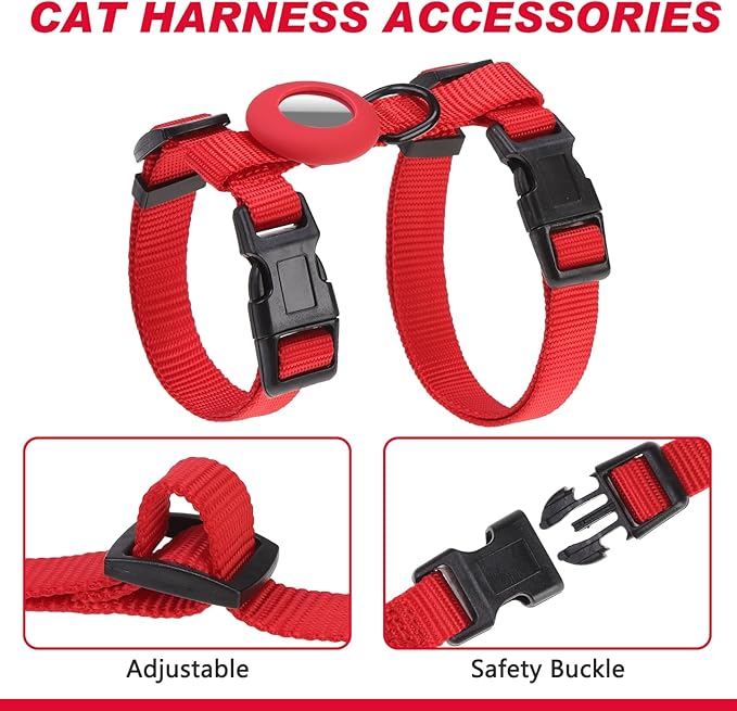 Cat Harness and Leash Set with Airtag Holder for Walking & Travelling, Escape Proof Cat Harness for Small Medium Large Kitten, Adjustable Lightweight Soft Cat Vests(Red)