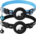 2 Pack Airtag Cat Collar with Bell, Reflective Nylon Kitten Collar with Apple Air Tag Holder and Breakaway Safety Buckle for Puppy Girl Boy Cats, 3/8" in Width and Lightweight, Black/Blue