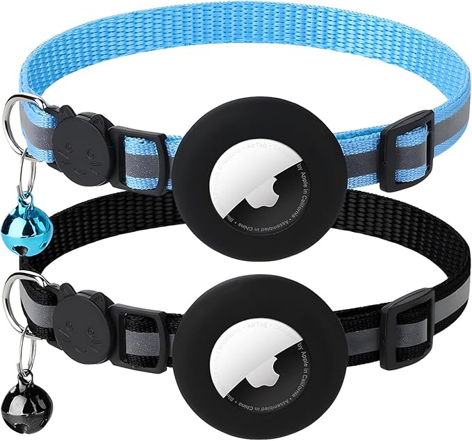 2 Pack Airtag Cat Collar with Bell, Reflective Nylon Kitten Collar with Apple Air Tag Holder and Breakaway Safety Buckle for Puppy Girl Boy Cats, 3/8" in Width and Lightweight, Black/Blue