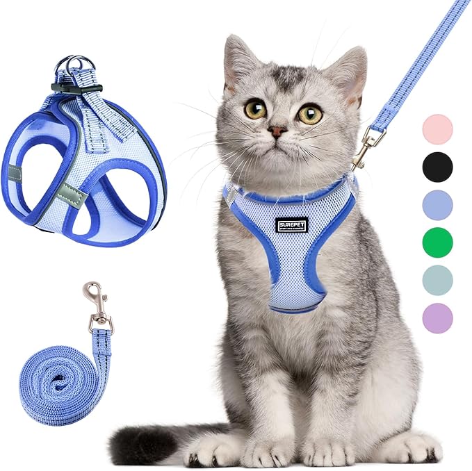 Cat Harness and Leash Set, Soft and Breathable Vest with Reflective Strip, Escape Proof Kitten Harness, Easy to Wear for Cats Walking and Traveling (Blue, XS)