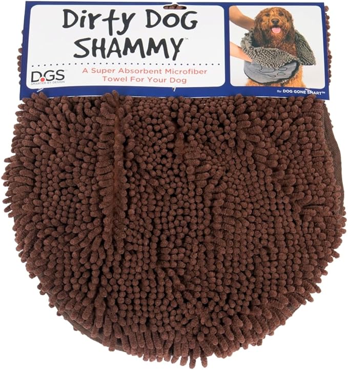 Dog Gone Smart The Dirty Dog Shammy - Fast Drying Plush Shammy Towel with Dual Hand Pockets and Elastic - Super Absorbent Microfiber and Machine Washable - 31 × 13 in, Brown