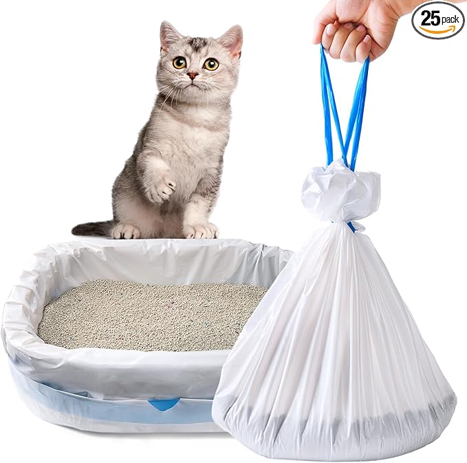 25 Count Cat Litter Liners Large 37x19" Jumbo Drawstring Litter Bags Extra-Thick Cat Litter Box Liners Heavy Duty Kitty Pan Liners for Easy Cleanup