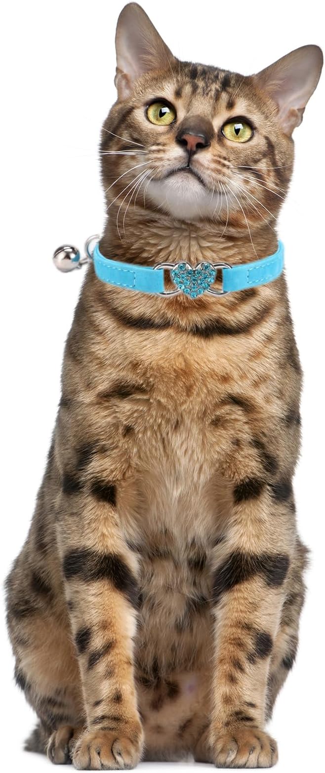 Small Dog Collars with Bell, Bling Rhinestone Heart Soft Velvet Cat Collars with Bells for Xs Tiny Dogs Girls Pet Kitten, Blue