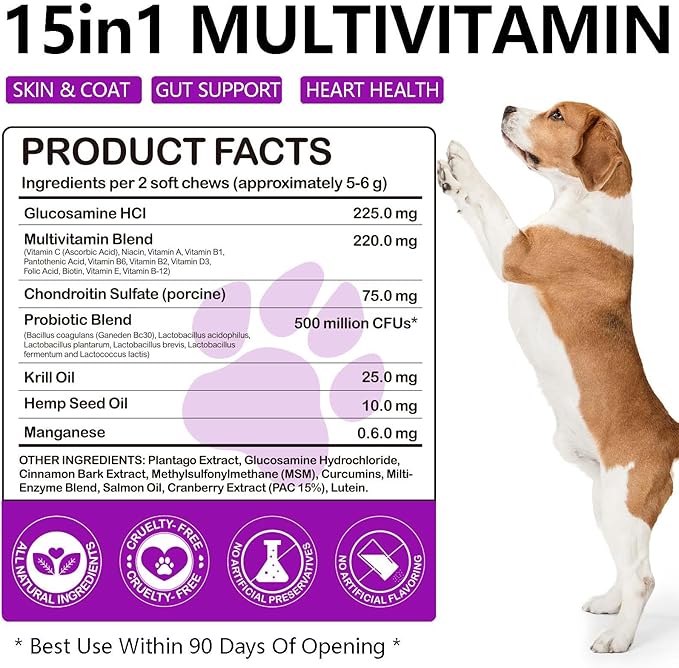 15-in-1 Dog Vitamins and Supplements, 150ct Dog Multivitamin Chewable with Glucosamine and Probiotics Senior & Puppy Multivitamin Pet Supplement Hip & Joint Support Immune Health Heart Digestion