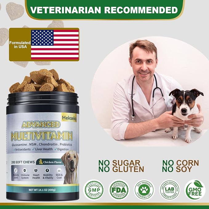 Advanced 24-in-1 Multivitamin Chews for Dogs - 200 Soft Chewable All-in-One Vitamin Support Supplement for Dog Skin Coat Itch Relief, Joints, Gut Health, 12 Essential Vitamins Treats with Omega-3