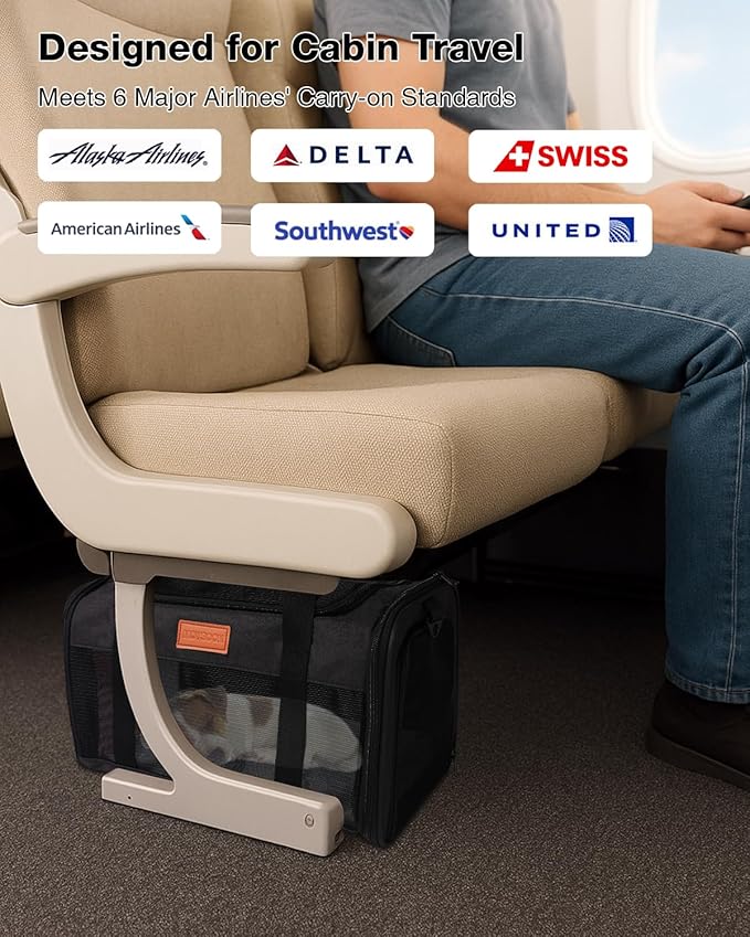 Pet Carrier Airline Approved 17x11x9.5 in - Underseat, Top & Side Entry Soft Dog Cat Travel Carrier with Safety Zippers ＆ Anti-Scratch Mesh for Small Cat and Dog for Pets Up to 10 Lb - Black