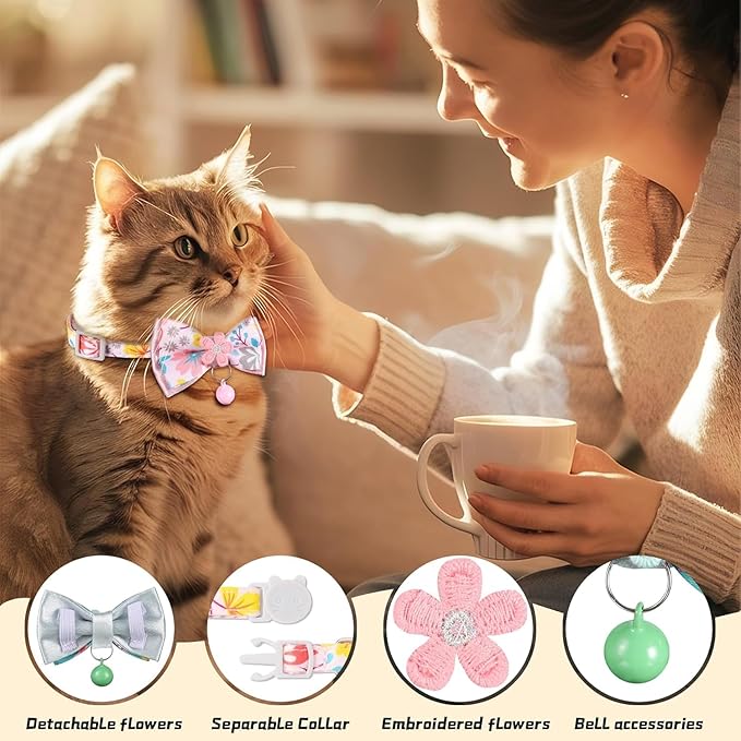 Cat Collar Breakaway, HYQHYX Floral Kitten Collar with Bell, Cute Cat Collar with Bow for Girl Boy Removable Bowtie (Pink + Green)