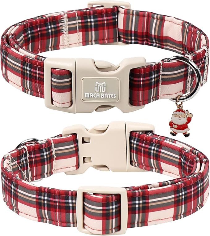 Maca Bates Christmas Red and White Plaid Basic Dog Collar for Extra Large Boy Girl Dogs with Santa Charm,Gingham Scottish Soft Adjustable Durable Checkered Collars,Winter Gift for Male Female Puppy