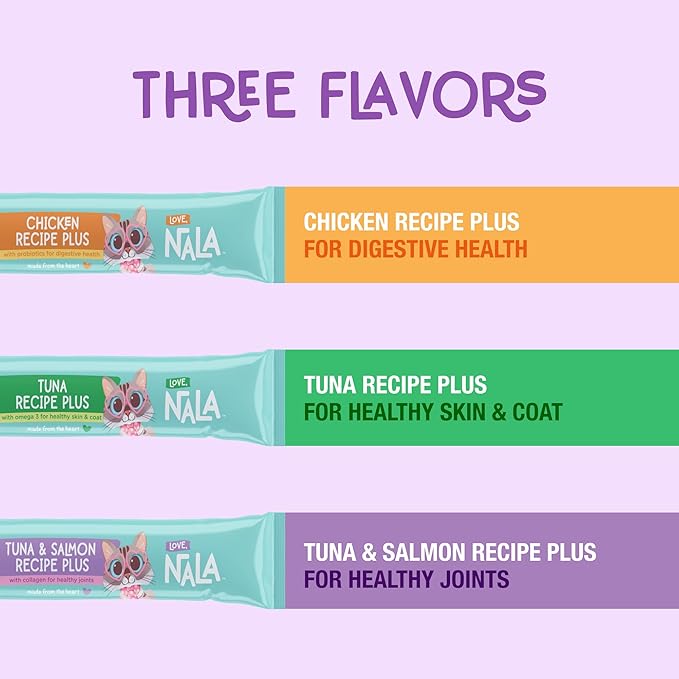 LOVE, NALA Tuna + Omega-3 Mousse Cat Treats – Brain & Heart Health Support – Lickable Squeeze-Up Puree, Topper or Treat – Grain-Free, 4 Pack – Human-Grade Protein, Non-GMO, No Artificial Additives