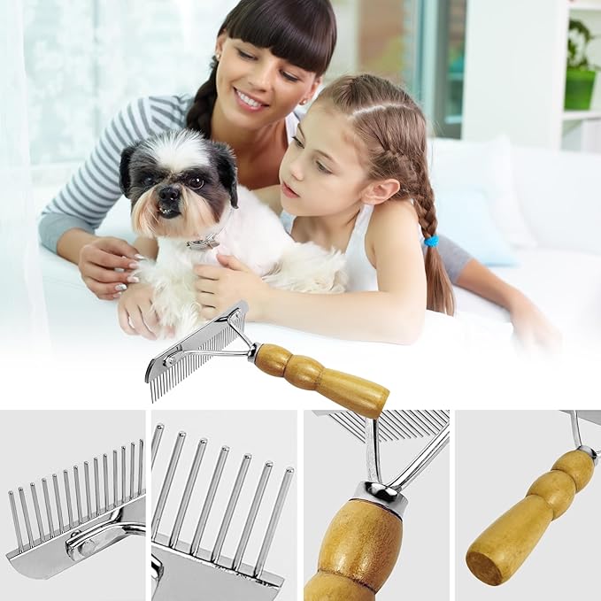 H H&J HUAJIAN Undercoat Rake for Long-Haired Dogs and Other Shedding Pets,Gentle Undercoat Scrubber for Horses, Dogs with Shedding Fur, and Pet Grooming, Wood Handle (1)