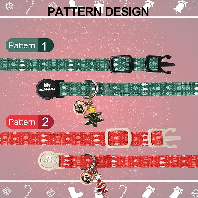 2 Pack Cat Collar, Cute Christmas Red and Green Tree Breakaway Kitty Collar with Bell&Pendent, Soft Adjustable Safety Cat Collar for Female Male Cats