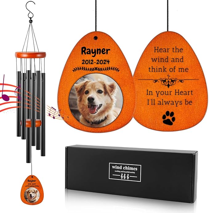 Personalized Dog Memorial Gifts for Loss of Dog - Custom Sympathy Wind Chime with Photo & Name, 26"/32"/37" Outdoor Bereavement Keepsake for Garden or Patio(Black)