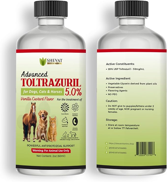 Advanced Toltrazuril 5.0% for Dogs, Cats & Horses – 60 mL / 2 oz Bottle – Vanilla Flavor – Oral Suspension – Easy-Dose Liquid – Includes 3 mL Dropper – Animal Use Only