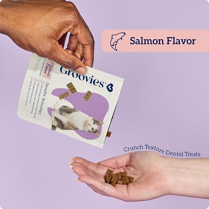 Groovies Cat Daily Dental Treats. Tasty, Crunchy Bites Cats Love. Salmon Flavor. Powered by USA-Patented DentalFit Technology. No Added Gluten, No Artificial Flavors or Colors. 7.05oz (460 Treats)