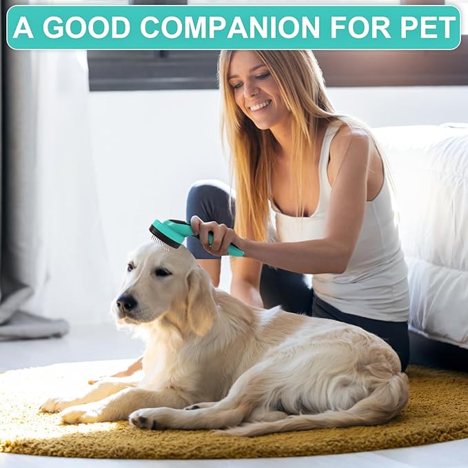 Self Cleaning Slicker Brush for Dog, Cat, Skin Friendly Shedding & Grooming Tool for Long and Short Haired Pets, Easy Clean Retractable Bristles, Green