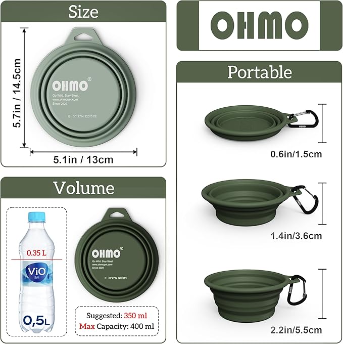 OHMO Collapsible Dog Water Bowls w/Built-in Stainless Steel Ring – 2pcs Small 12oz/400ml Portable Silicone Pet Feeding Bowl for Hiking, Camping, Travel