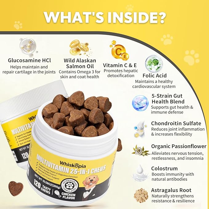 25-in-1 Dog Vitamins Supplements Multivitamin Chewable with Glucosamine MSM Colostrum Probiotics Omega-3 for Dogs and Cats Digestive Gut Hip Joint Omega-3 Skin & Coat Eyes Immune Support - 120 Ct