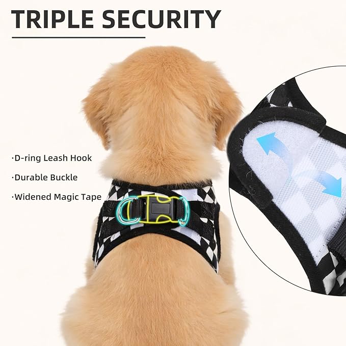 PUPTECK Adjustable Dog Harness Collar and Leash Set Step in No Pull Pet Harness for Small Medium Dogs Puppy and Cats Outdoor Walking Running, Checkered Black&White XS