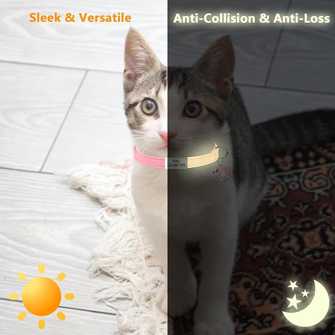 Custom Glow in the Dark Cat Collar with Breakaway Buckle Anti-Lost Nameplate Luminous Cat Collar - Adjustable Size (8-11 Inch) for Kittens Cats, Personalized Laser Engraving ID Tag & Removable Bell