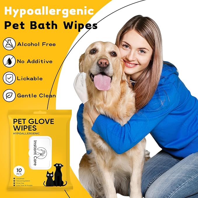 Pet Glove Wipes for Dogs Cats - Unscent Dog Washing Wipes & Waterless Cat Bathing Gloves Cleaning Deodorizing Grooming Wipe for Fur Paws Butt Face, Disposable Rinse Free Shampoo Mittens,20PCS
