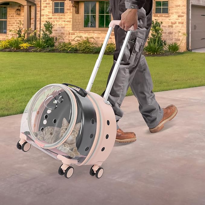 Cat Backpack Carrier, Transparent & Breathable Cat Carrier with Wheels, Large Space Bubble Pet Backpack for Kitty Dog Bunny Up to 20lbs, Multiple Carrying Options, Perfect for Traveling/Taking a Walk