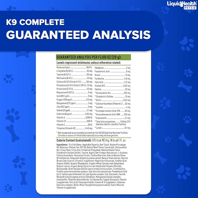 LIQUIDHEALTH Pets K9 Complete 8-in-1 Liquid Multivitamin for Adult Senior Dogs & Puppies, All in One Complete Formula Canine Vitamins for Skin & Coat, Joint Health, Immune Support - USA Made (32 oz)