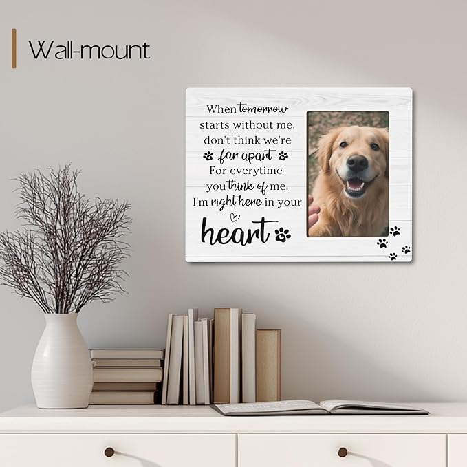 Pet Memorial Gifts for Loss of Pet, Right Here In Your Heart, Cat Dog Memorial Wooden Picture Frame Sympathy Gifts, Fits 4x6 Photo Frame