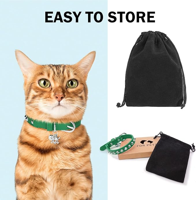 Leather Cat Collars for Boy Girl Cats with Bell and Safety Elastic Belt, Personalized Rivets Stud Adjustable Safe Buckle Collar with Skull Charm for Kitty Small Pets, Green