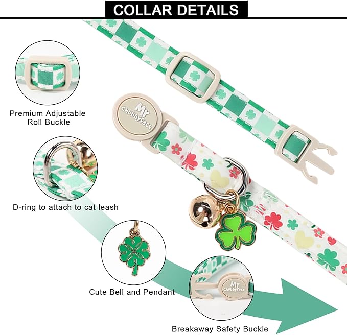 St. Patrick's Day 2 Pack Cat Collar, Soft Breakaway Clover Kitty Collar with Bell&Pendent, Cotton Shamrock Pattern Collar with Safety Buckle for Boy Girl Cats