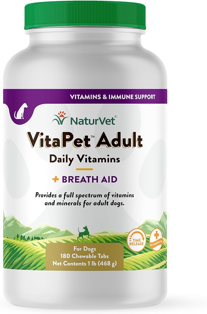 NaturVet VitaPet Adult Daily Vitamins for Dogs with Breath Aid – Includes Full Spectrum of Vitamins, Minerals, Omega-6 Fatty Acids, Parsley – Designed for Dogs Over 1 Year – 180 Ct.