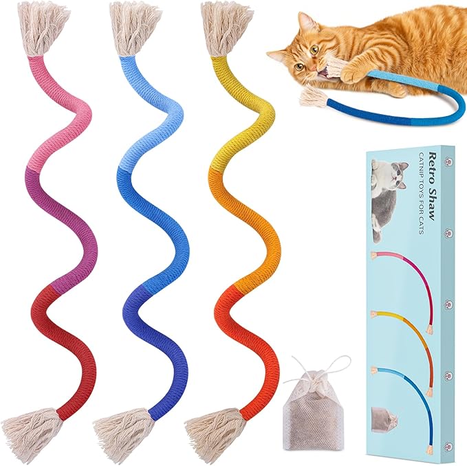Retro Shaw Cat Toys Ropes 3Pcs with Refillable Natural Catnip, Safe Teeth Cleaning Kitten Chew Toys for Indoor Cats, Interactive Kitty Nip Kicker String Toy 23.6 Inches