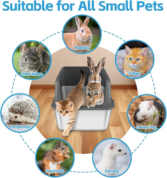 2 Pack Kitty Stainless Steel Litter Box, Large Rabbit Litter Box with Scoop, Small Animal Toilet for Kitten, Rabbit, Guinea Pigs, Hamster(Dark Grey & Light Grey)