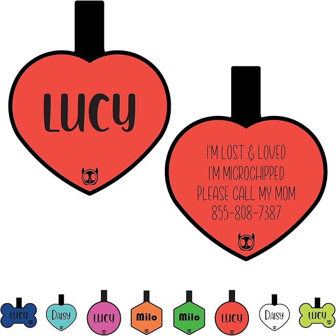 Silicone Silent Dog Tag Personalized with 5 Lines of Custom Deep Engraved Durable Soundless Pet ID Name Tag Heart Red