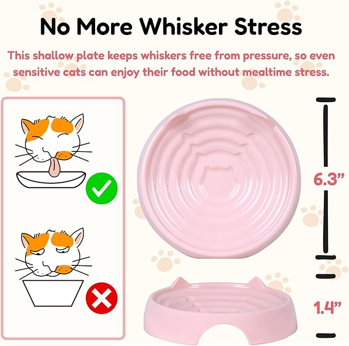 2 Pcs Whisker-Friendly Cat Food Bowl, Melamine Shallow & Wide Cat Bowl for Indoor Cats,Relieves Whisker Fatigue,Non-Slip Cat Dish for Wet and Dry Food (Pink*2, 6.3")