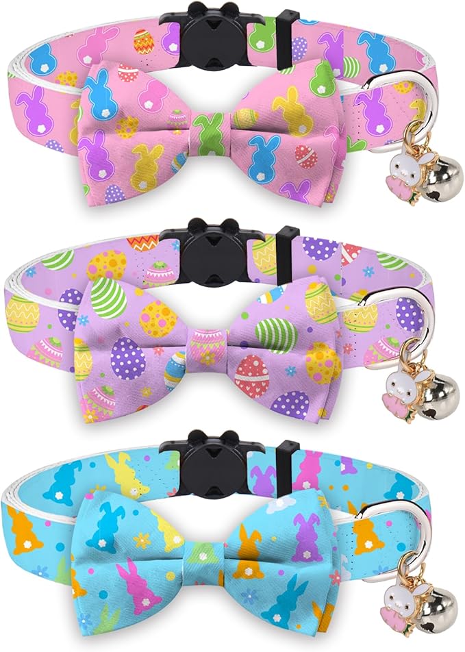 JarThenaAMCS 3 Pcs Easter Cat Collar with Breakaway Bell Bow Tie Rabbit Bunny Egg Adjustable Kitten Collars for Spring Girl Boy Cats Small Pet Party