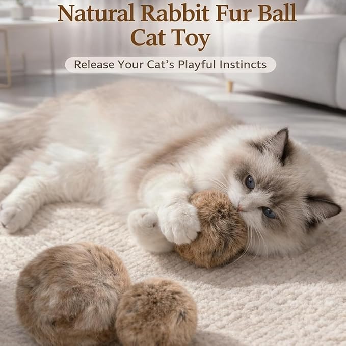 Rabbit Fur Ball Cat Toy, Rabbit Fur Balls for Cats, Furry Catnip Toy Ball Soft, Washable & Fun to Chase, for Bunny Kicks & Chase Games, for Indoor Exercise & Bonding (3PCS)