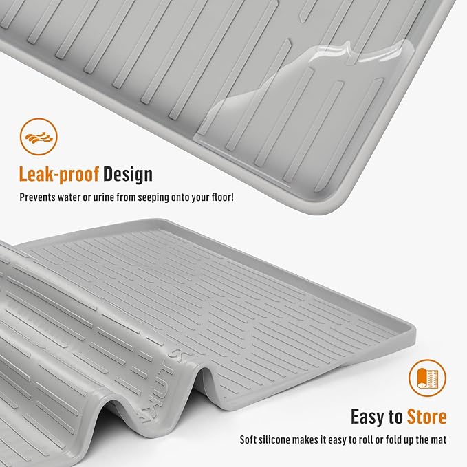 Silicone Cat Litter Mat, 32" x 22" Large Cat Litter Box Mat Litter Trapping Mat for Scatter Control, Waterproof, Soft on Kitty Paws, Clean Floor (Grey)