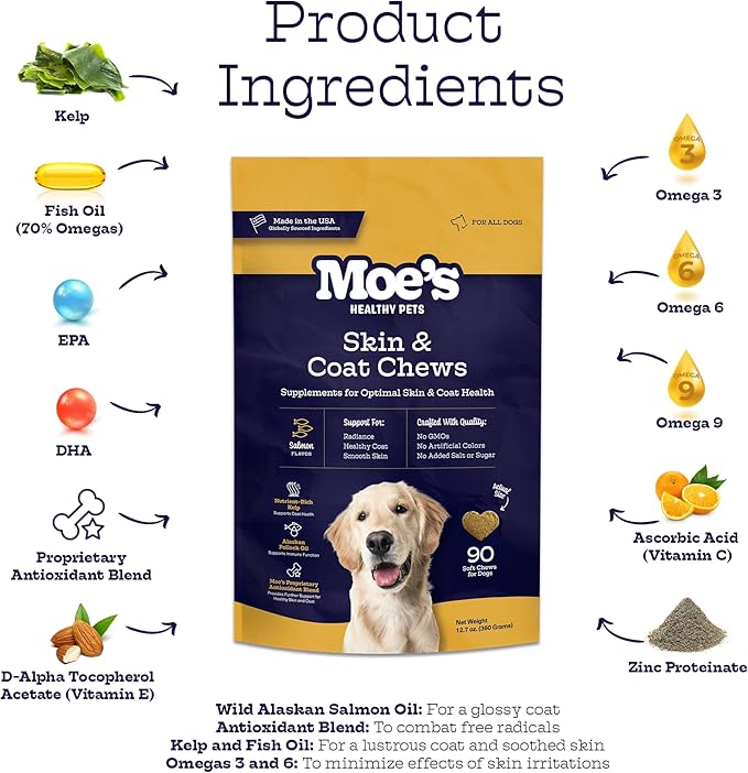 Moe’s Skin & Coat Omega 3, 6, 9 and Vitamin Supplement for Dogs - 90 Soft Chews for Dog Itching Skin Relief Supports Dryness, & Thick, Shiny Coats - with Premium Omega Oil for Dogs of All Breeds