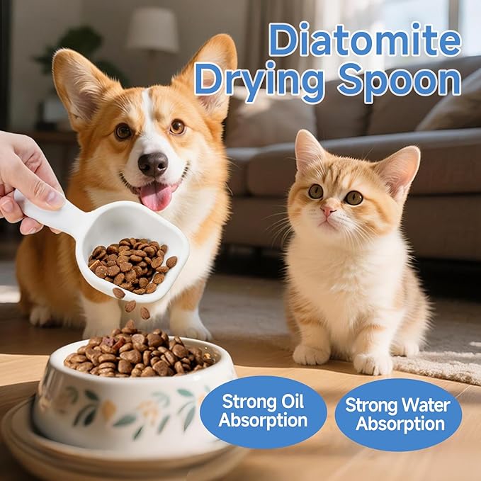 Diatom Drying scoop 1/4 Cup for Pet Food, Keep Food Fresh Desiccant to Dry Deodorization Rapid Water Absorption, Pet Food Scoop for Dog Cat, Comfortable Long Handle for Easy to Scoop Food