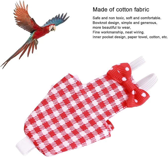 Zerodis Bird Diapers Nan Large Red Plaid, Cotton Material, Adjustable Strap, Soft and Comfortable Design for Parrots and Budgies (25.5cm Red Plaid)