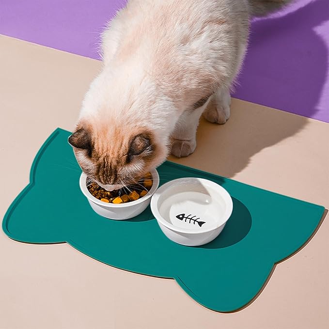 Cat Food Mat, Silicone Non Slip Dog Bowl Mat Waterproof Cat Feeding Mat Stop Food Spills and Water Messes Out to Floor Pet Food Mat (MARRS Green, 20" x 12")