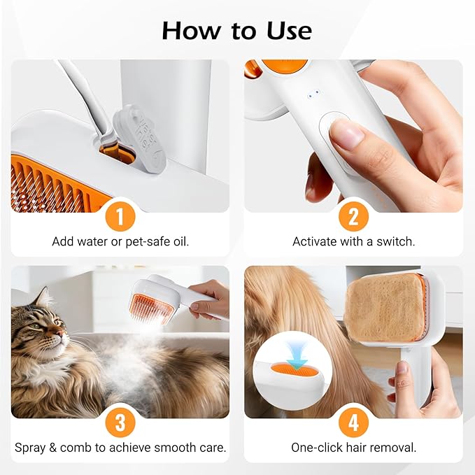 3-in-1 Pet Steam Brush: Rechargeable Grooming Tool with Gentle Mist Spray for Shedding Control, Self-Cleaning, 2-Speed, Waterproof, Safe Rounded Tips - For Dogs, Cats, Rabbits & All Coats